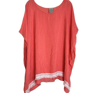 Charlie Paige Womens Pullover Blouse One Size Orange Kimono Sleeves Fringe Trim
